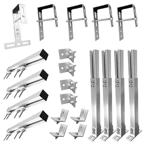 Balkonkraftwerkhalterung Geländer Befestigung für 2 Solarmodule und ein Wechselrichter Photovoltaik | ECKIG | Set | Neigungswinkel 0° & 25-45°| Durchmesser bis 80mm, Silber PV