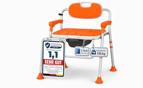 ESPODAY Duschstuhl faltbar, höhenverstellbar, robuster Toilettenstuhl bis 150 kg belastbar, rutschfeste WC Sitzhilfe mit Rückenlehne/Armlehnen für Menschen mit eingeschränkter Mobilität