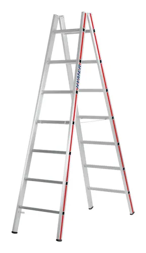 Hymer Stehleiter 402314 - 2 x 7 Sprossen aus Aluminium - Leiter für bis zu 150 kg, maximale Arbeitshöhe 3,30 m. Beidseitig begehbar mit rutschsicheren Sprossen und hoher Standsicherheit. Made in Germany, ideal für sichere Arbeiten in der Höhe.
