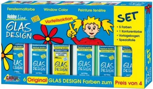 Window Color Glas Design Aktions-Set - Malfarben Set mit 5 Fenstermalfarben, 1 Konturenfarbe und Vorlagenbogen – perfekt für kreative Fenstergestaltung und Kinderprojekte.