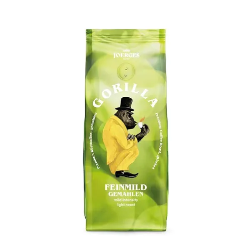 Gorilla Kaffee Feinmild - 500 g gemahlen aus 100% Arabica - Genießen Sie den GORILLA Feinmild – milden Kaffee mit floralen und honigartigen Noten. Ideal für Kaffeefilter, entfaltet er sein sanftes Aroma dank schonender Langzeitröstung. Perfekt für jeden Kaffeegenuss!