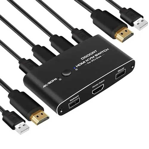 DGODRT 4K 60Hz KVM Switch - KVM-Switch für 2 PCs an 1 Monitor, unterstützt 4K@60Hz für gestochen scharfe Bilder, inklusive 2 HDMI- und USB-Kabel, One-Touch-Umschaltung für einfachen Wechsel.