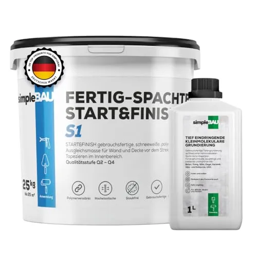 simpleBAU Spachtelmasse Weiß Innen 25 KG + 1L Tiefengrund gebrauchsfertig für Wand, Decke, Boden