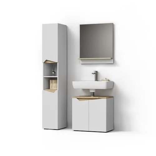 Livinity® Badmöbel-Set Timavo, Weiß/Artisan-Eiche, 3 Teile - Stilvolles Badmöbel-Set mit Hochschrank, ideal für moderne Badezimmer. Hochwertige Melaminharzbeschichtung sorgt für Langlebigkeit und einfache Reinigung.
