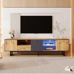 Tv-schrank Aus Spanplatte In Naturholz/anthrazit, 190 X 40 X 50 Cm, Mit 3 Türen, Schublade, Led-fächern Und Glasböden