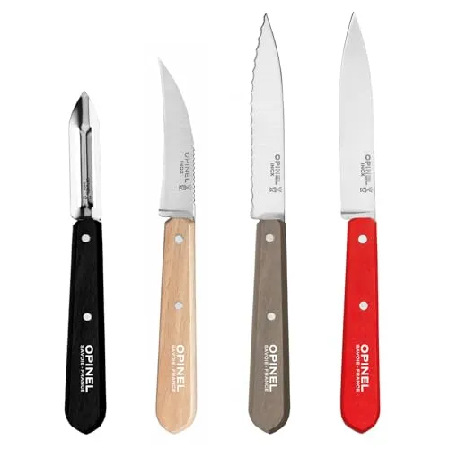 Opinel OP01626 Küchenmesser-Set Essentials, 4-teilig - Küchenmessersets mit rostfreien Klingen und farbigen Griffen für ein stilvolles Kochen und einfache Handhabung.
