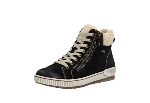 Winterboots REMONTE Damen, Gr. 41, schwarz-beige - Wanderschuhe aus Leder und Fellimitat, wasserabweisend und atmungsaktiv, ideal für kalte Tage. Mit Schnürung und TEX-Membrane für optimalen Komfort.
