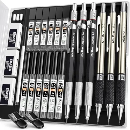 Nicpro 6 Stück Druckbleistifte Set, Metall Mechanische Bleistifte 0,5 mm, 0,7 mm, 0,9 mm, 2mm Fallminenstift (2B HB 2H) mit 12 Dosen HB Bleistiftminen & 3 Radiergummis, Etui für Schreiben, Zeichnen