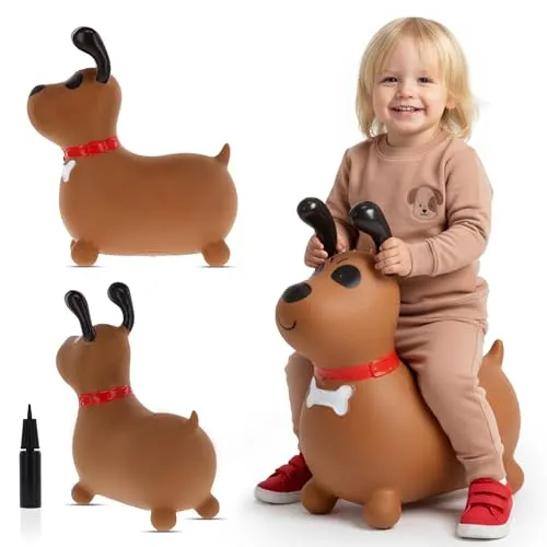 sun baby Hüpftiere ab 1 Jahr mit Pumpe aufblasbares Hüpfspielzeug aus Hochwertigem und Strapazierfähigem Gummi, Verschiedene Designs (Brauner Hund)