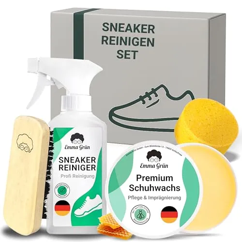 Emma Grün® Sneaker Cleaner Reinigungsset 250ml - Nachhaltiges Komplettset für strahlend saubere Sneaker - Schuhputzsets mit Bürste, Schwamm und Pflegewachs für eine gründliche und nachhaltige Reinigung deiner Lieblingssneaker. Schütze deine Schuhe und schone die Umwelt mit natürlichen Inhaltsstoffen.
