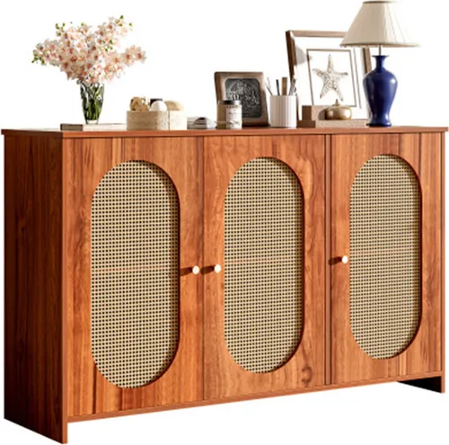 Sideboard mit 3 Türen, großem Stauraum, künstlichen Rattantüren und Metallgriffen, Akzentmöbel für Esszimmer, Wohnzimmer und Küche