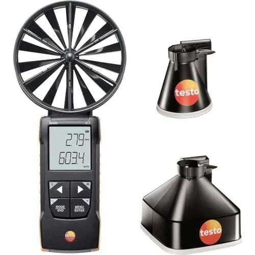 Testo 417-1 Anemometer 0.3 bis 20 m/s - Kompaktes Flügelrad-Anemometer für präzise Luftstrommessungen, inkl. App-Anbindung und zwei Messtrichtern für vielseitige Anwendungen in Klima- und Lüftungsanlagen.