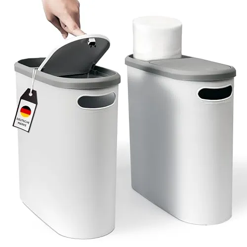 Vividron Kleiner Mülleimer mit Deckel 10L, schmaler Abfalleimer mit Pressfunktion, für Bad, Küche und Schlafzimmer, platzsparender Müllbehälter für hygienische Entsorgung (2, Grau, Weiß)