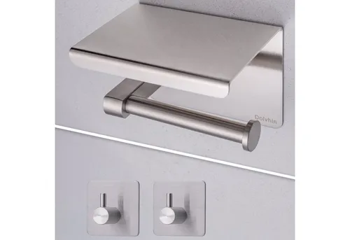 Dolvhin Toilettenpapierhalter ohne Bohren mit Ablage - Toilettenpapierhalter aus Edelstahl, selbstklebend und mit praktischer Ablage für Smartphone oder Feuchttücher – ideal für modernes Badezimmerdesign.