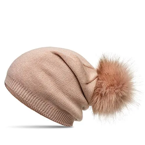 Caspar MU205 Gefütterte Damen Feinstrick Long Beanie Mütze mit tierschutzgerechtem Kunstfell Bommel, Farbe:rosa, Größe:Einheitsgröße