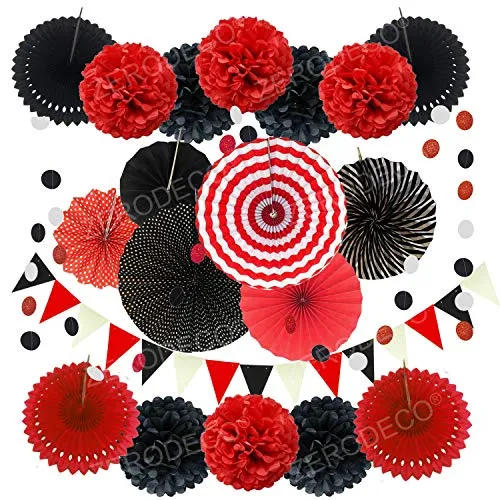 ZERODECO Party Dekoration Papier Pompoms, Rot und Schwarz Aufhängen Fächer Dreieckige Wimpel und hängende Glitter Punkt Papier Girlande Dekorpapier für Party Hochzeit Geburtstag