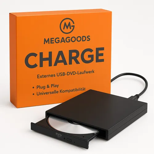 MEGAGOODS Externe CD DVD Laufwerk USB 2.0 schlank CD-RW DVD-ROM PC Laptop DE. Disc-Laufwerk (USB 2.0, Kompakt und tragbar)