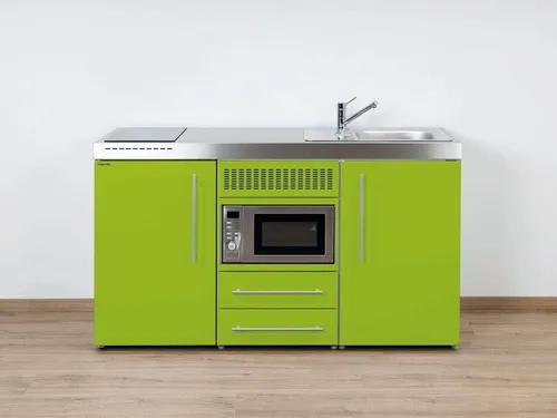 Stengel Miniküche Premiumline MPM 150 KMG mit Kühlschrank und Mikrowelle - Praktische Küchenzeile mit Kühlschrank und Mikrowelle, ideal für kleine Räume. Platzsparendes Design in Apfelgrün, Breite 150 cm, ohne Montageaufwand.