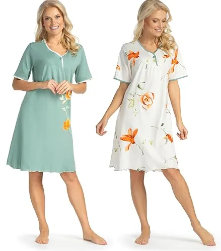 Consult-Tex Damen Nachthemd Kurzarm Doppelpackung DF046/047 100% Baumwolle (56/58, Petrol/beige)