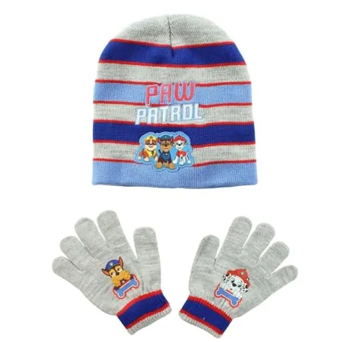 PAW Patrol Chase Kinder Winter-Set – Mütze & Handschuhe – warmes Strick-Set für Jungen – Größe 54 cm – 100% Polyacryl – in Blau oder Grau, Farbe: Grau, Größe: 54