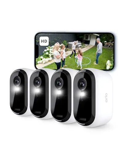 Arlo Essential 2 HD Akku Überwachungskamera Aussen WLAN, Kabellos, 1080p Video, Farbnachtsicht, Licht, Bewegungsmelder, Sirene, 2-Wege Audio, Smart Home + Arlo Secure Plan Testzeitraum, 4er Set