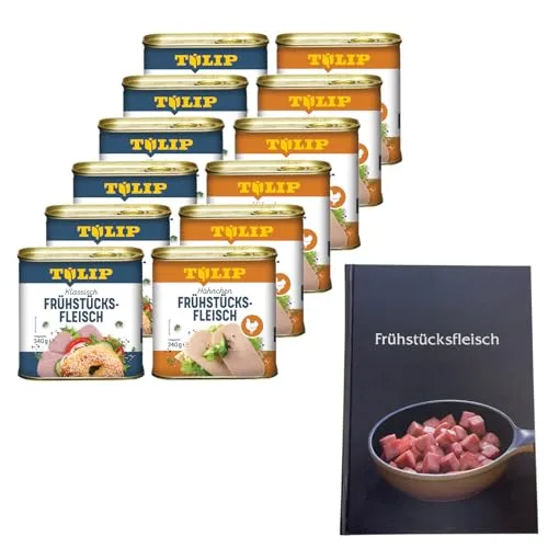 TULIP Frühstücksfleisch Set: 6x Schweine- und 6x Hühnchen-Dosen + Kochbuch - Entdecken Sie das TULIP Frühstücksfleisch Set mit 12 Dosen (6x340g Schwein & 6x340g Huhn) und einem gebundenen Kochbuch mit 57 köstlichen Rezepten. Ideal für kreative Frühstücksvariationen!