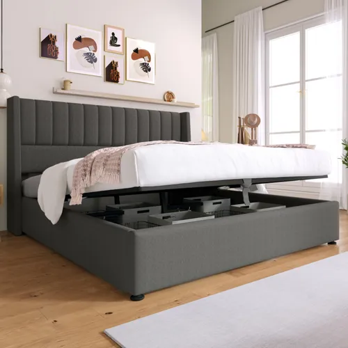 STILVORA Doppelbett 180x200cm Straumbett Polsterbett mit Lattenrost aus Metallrahmen,Vertikales Streifendesign,Grau(Ohne Matratze)