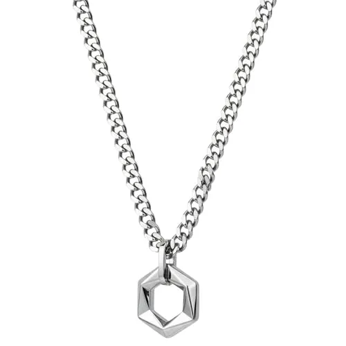 Karma NH11121684 Halskette mit Hexagon Anhänger Silber Herren Edelstahl 50 cm Kette Herrenschmuck Männer Herrenhalskette modern Geschenk für Ihn wasserfest hypoallergen Edelstahlkette