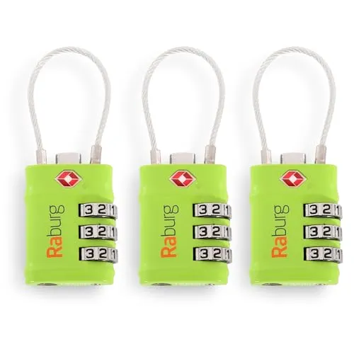 3er Set TSA-Zahlenschloss mit 3-stelliger Kombination & flexiblem Drahtbügel Grün