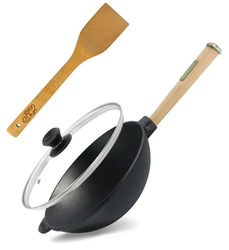 Gusseisen Wok Bratpfanne Ø24 cm mit Holzgriff und Glasdeckel - Pfannen für alle Herdarten, ideal für asiatische Gerichte und bietet hervorragende Wärmeleitung für perfekte Bratergebnisse.