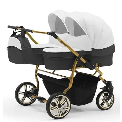 Elcar Zwillingskinderwagen 2 in 1 Duet Lux Goldedition - Weiß-Dunkelgrau-Gold - Kinderwagen mit 2 in 1 System, inklusive 2 Wannen und 2 Sportsitzen. Ideal für Geschwister unterschiedlichen Alters, komfortabel und variabel einstellbar.
