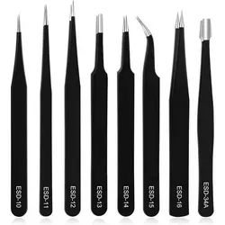Pinzettenset 8tlg. Präzisionswerkzeug aus Edelstahl - Vielseitiges 8-teiliges Set aus antistatischem Edelstahl, ideal für Elektronikreparaturen und Schönheitsarbeiten. Inklusive praktischer Aufbewahrungstasche für sicheren Transport und Ordnung.