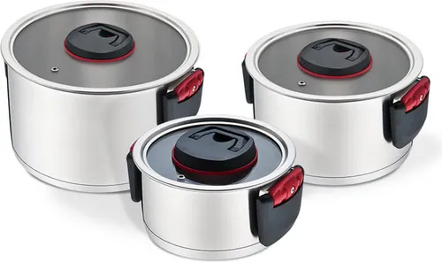 Topfset Maestro 6-teilig Edelstahl mit Kunststoffgriffen - Hochwertiges 6-teiliges Topfset aus Edelstahl, ideal für Induktionsherde, mit praktischem Deckel und stilvollem Design für jede Küche.