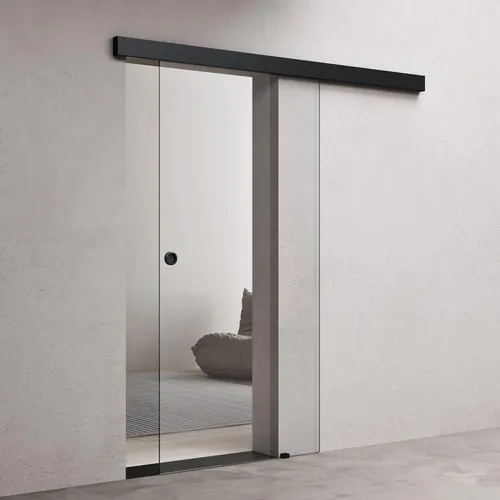 doporro Glasschiebetür Komplettset 90 x 205 cm – Klarglas mit Muschelgriff Schwarz
