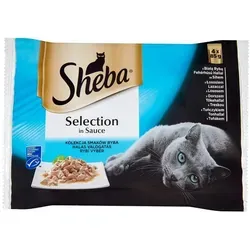SHEBA Beutel 4x85g Selection in Sauce Fischgeschmacksrichtungen - Katzennassfutter in Sauce (mit Weißfisch, Lachs, Kabeljau, Thunfisch)