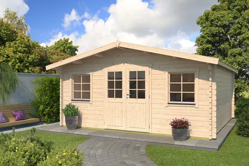Fjordholz Gartenhaus Modell Pepe 44 - Stilvolles Gartenhaus aus 44mm nordischer Fichte mit starken Wandbohlen. Robuste Bauweise, ideal für jede Witterung. Inklusive hochwertiger Doppeltür und Fenstern mit Isolierglas für optimale Nutzung.
