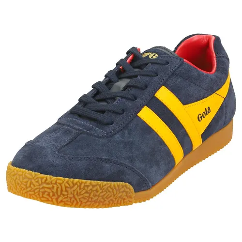 Gola Harrier Damen Sneaker - Navy, Sonnengelb und Rot, Größe 38 EU - Klassische Damen Sneaker mit Wildleder-Obermaterial und 1.8 cm Absatzhöhe, ideal für Berufskleidung oder Freizeit.