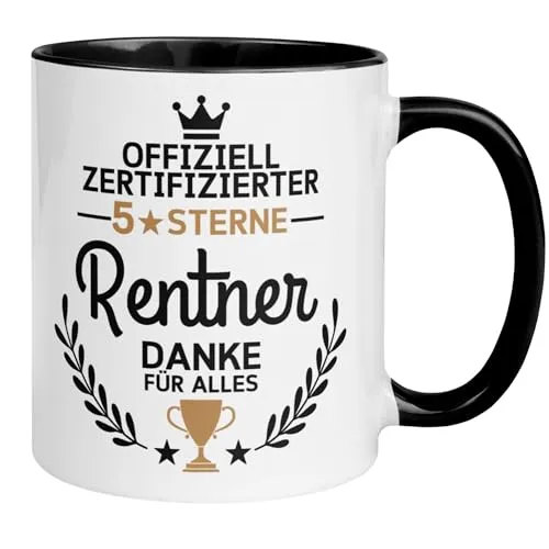 Rentner Tasse | Offiziell zertifizierter 5 Sterne Rentner – Danke für alles | Rente Geschenk Männer Renteneintritt | Geschenkidee Pension Ruhestand Vorruhestand Pensionär Ruheständler