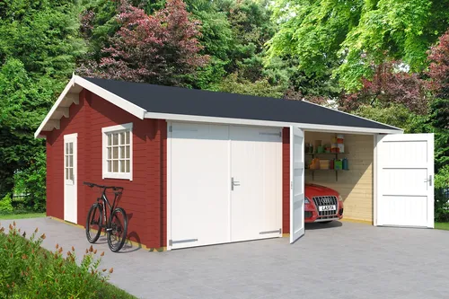 Garage Satteldach 44 mm Falkland mit Holztor rot 595x595 cm - Gartenhäuser & Carports, robuste Blockbohlen-Garage mit abschließbarem Holztor und 32.1 m² Nutzfläche, ideal für sichere Lagerung.