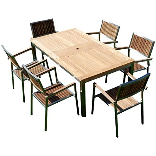 ALEOS Gartengarnitur Edelstahl Teak Set: Ausziehtisch und 6 Teak Sessel - Hochwertige Esssets für die Terrasse, bestehend aus einem ausziehbaren Tisch und 6 stapelbaren Teak-Sesseln in Gastroqualität. Ideal für Garten und Gastronomie, aus A-Grade Teakholz für Langlebigkeit.
