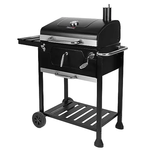 Royal Gourmet Holzkohlegrill Barbecue Grillwagen - Grillwagen für Outdoor mit 59 x 42 cm Grillfläche, höhenverstellbarer Holzkohlepfanne und praktischen Beistelltisch - ideal für Familienfeiern und Barbecue-Partys.