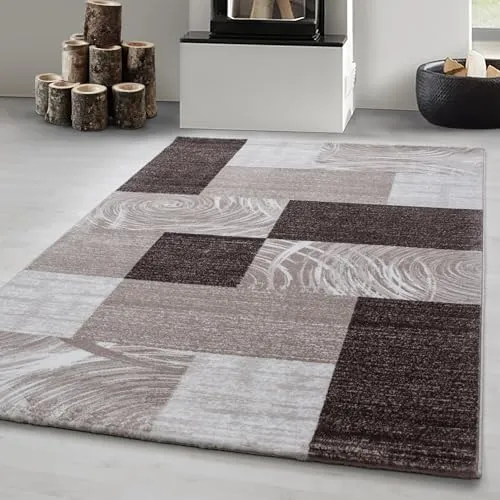 Carpetsale24 Teppich Läufer 80x150 cm Braun Modern Abstraktes Kariert Design Kurzflor für Wohnzimmer Schlafzimmer Esszimmer Küche Flur Jugendzimmer Waschbar Pflegeleicht Extra Weich
