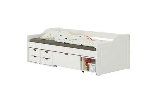 IDIMEX Funktionsbett SENTA mit Stauraum - Stauraumbett aus massivem Kiefernholz, ideal für Kinder- und Jugendzimmer, mit 4 Schubladen und 2 Rollschubkästen für optimalen Platz.