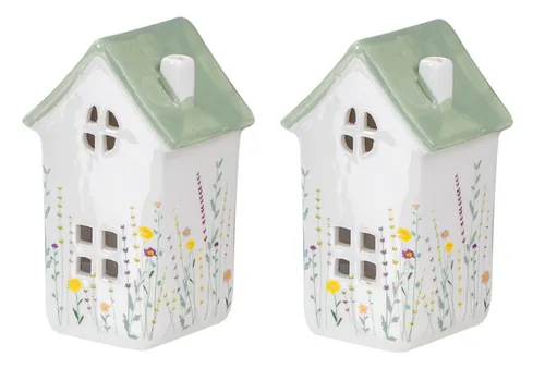 Levandeo® Windlicht, 2er Set Windlicht Häuser Grün Porzellan Teelichthalter Blume