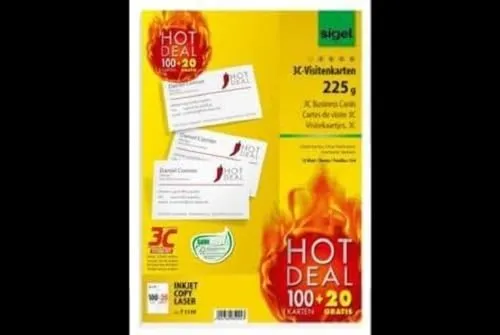 SIGEL T1170 Aktion: bedruckbare Visitenkarten 3C wie LP795: 100 Stück + 20 gratis, hochweiß, glatter Schnitt rundum, 225 g, 85x55 mm
