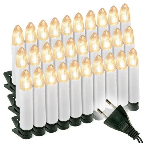 Nipach GmbH 30er LED Lichterkette für Weihnachtsbaumbeleuchtung - Künstliche Weihnachtsbäume: 30 warmweiße LED-Kerzen mit geringem Stromverbrauch und stabiler Montage für ein festliches Ambiente in Innenräumen.