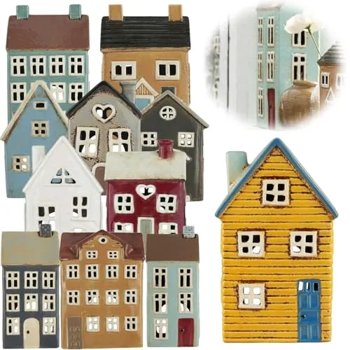 LS-LebenStil Teelichthaus Lichthaus 18cm Gelb Blau Keramik Fachwerkhaus Nyhavn Teelichthalter Windlichthalter Kerzenständer Teelichtständer Windlicht für Teelichter Lichterhaus Fachwerkhaus
