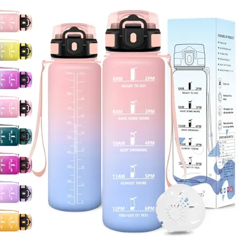 Motswedi Trinkflasche 1l, BPA-Frei, Trinkflasche Sport, Kohlensäure Geeignet, Wasserflasche, Mit Zeitmarkierung, Sportflasche, Trinkflaschen für Camping, Fahrrad, Fitness, Wandern - Rosa&Himmelblau