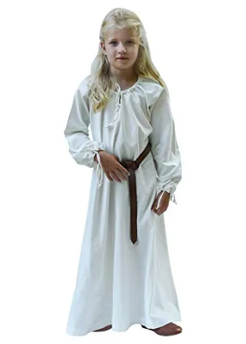 Battle-Merchant Kinder Mittelalterkleid Ana für Mädchen, Langarm, bodenlang, Baumwolle, Mittelalter Gewandung, Natur, Gr. 164