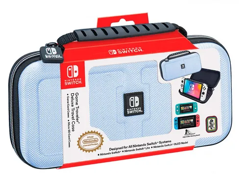 R.D.S. Pastel Blue Deluxe Tasche für Nintendo Switch - Stilvolle Hartschalentasche in Pastellblau für Nintendo Switch™ und Lite. Mit verstellbarem Ständer und Platz für 5 Spiele. Praktischer Tragegriff und Micro-SD-Box für 2 Karten.